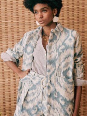 Sezane Will Jacket Jacquard Blue and Cream Ikat Print